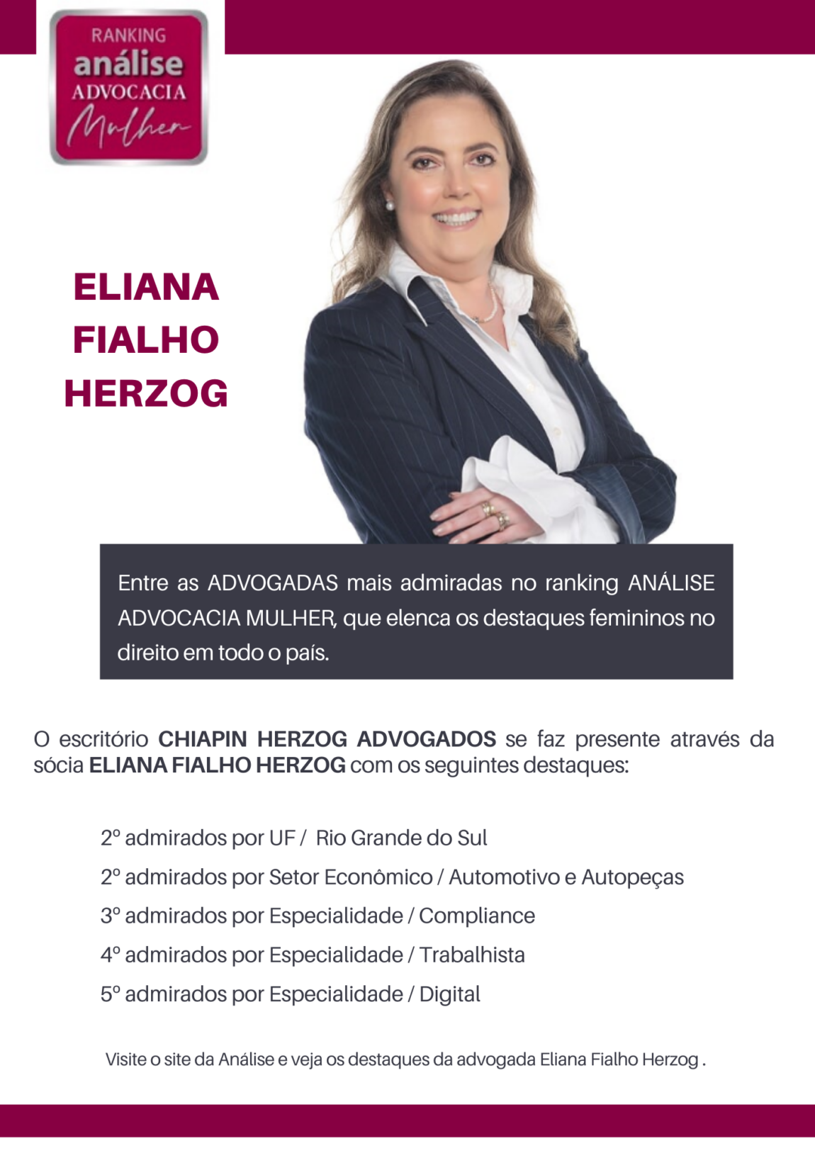ELIANA FIALHO HERZOG figura entre as advogadas mais admiradas pelo ranking Análise Advocacia Mulher 2021.